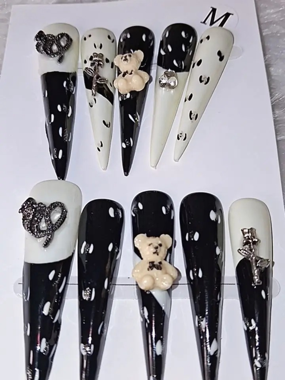 Black & White Nail Art Set with Teddy and Bow Accents